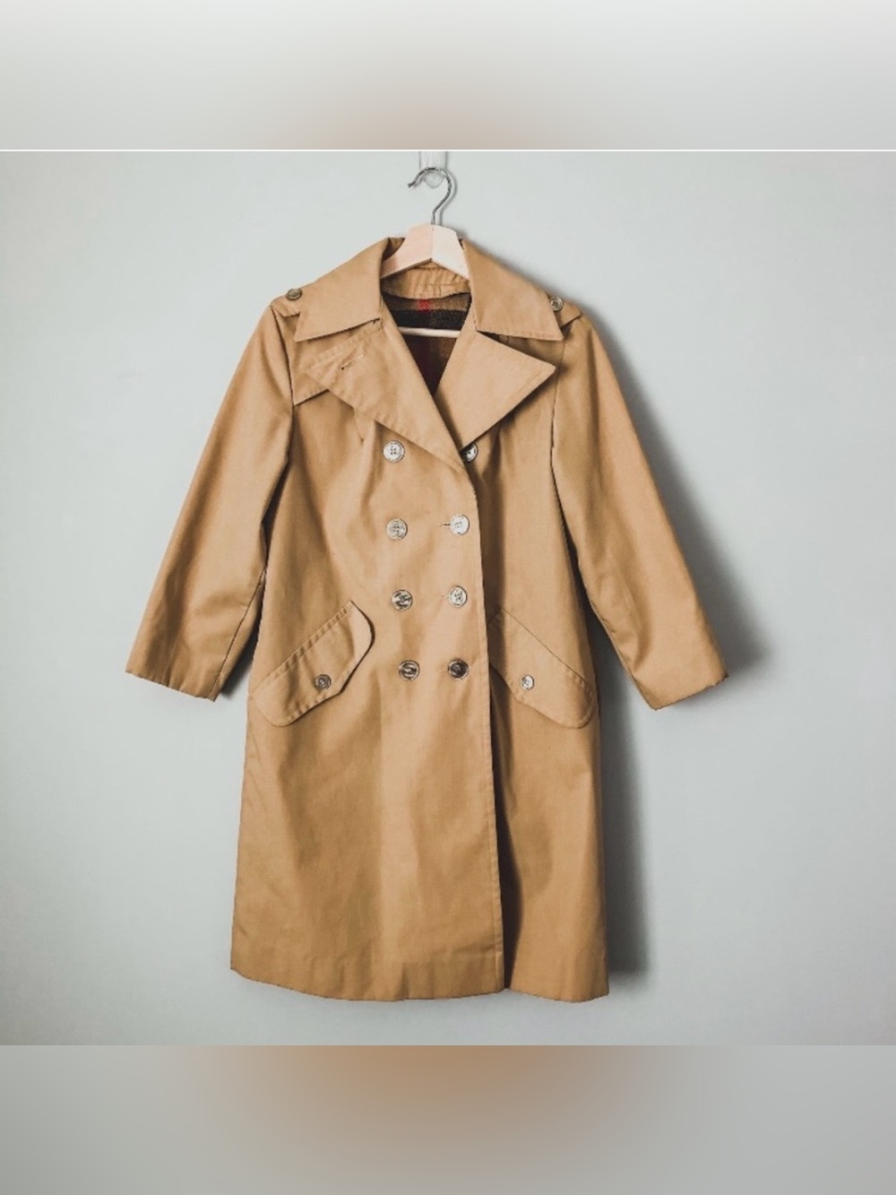[SEARS] Vintage Tan Trench Coat Plaid Zip-In Liner 3/4 Sleeve Retro
